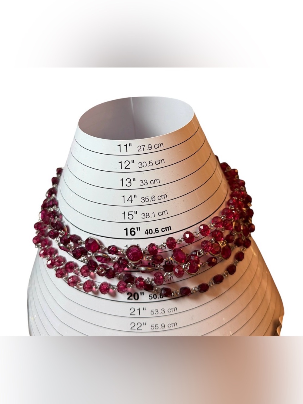 #791 Ruby Red 🌺 Multi Strand Beaded Statement Necklace 19” Silver Tone - Picture 3 of 7